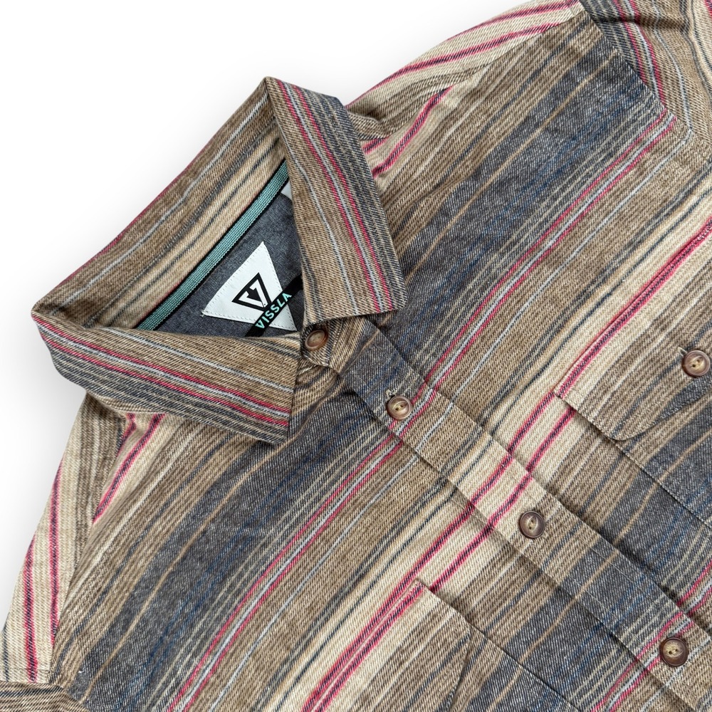 Vissla Shirt Mens L Brown Stripe‎ Long Sleeve Button Down Casual Central Coast